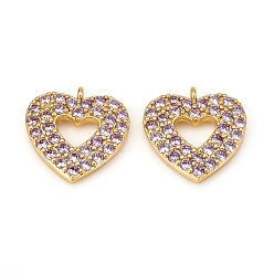 Лиловый Латунные микро проложить кубического циркония прелести, сердце, золотые, сирень, 15x14.5x2.5 мм, отверстие : 1 мм