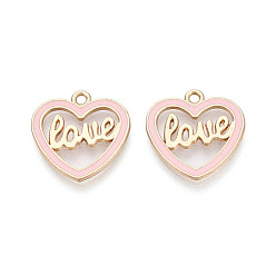 Pink Подвески из эмали и сплава, сердце со словом любовь прелести, золотые, без кадмия, без никеля и без свинца, розовые, 18x18x1 мм, отверстие : 1.6~1.8 мм