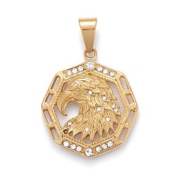 Golden 304 Stainless Steel Pendants, with Crystal Rhinestone, Octagon with Eagle Head, Golden, 42x34.5x5mm, Hole: 6.5x11.5mm