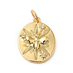 Настоящее золото 18K Подвески из латуни с покрытием из прозрачного кубического циркония, без кадмия, без никеля и без свинца, овал с пчелой, реальный 18 k позолоченный, 18x13.5x2.5 мм, Перейти кольцо: 5x0.7 мм, 3.6 мм внутренним диаметром