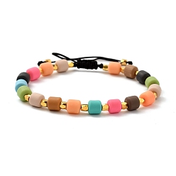 Black Adjustable Nylon Thread Braided Bead Bracelets, with Polymer Clay Beads and Brass Beads, Black, 2-1/8 inch~3-1/2 inch(5.5~9cm)