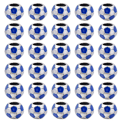 Blue 30Pcs Large Hole FootBall/Soccer Ball Alloy Enamel European Beads, Sports Beads, Antique Silver, Blue, 9x8mm, Hole: 4.2mm
