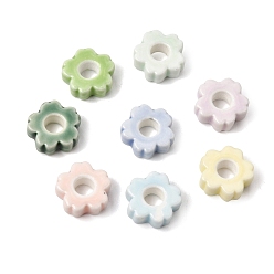 Color mezclado Granos europeos de porcelana hechas a mano, flor de cinco pétalos, abalorios de grande agujero, color mezclado, 16.5x17x6.5 mm, agujero: 6 mm
