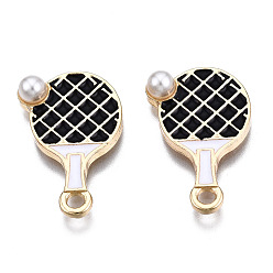 Черный Подвески из сплава , с эмалью и бусиной из абс-пластика имитация жемчуга, без кадмия и без свинца, золотой свет, ракетка, чёрные, 20x13x4 мм, отверстие : 2 мм