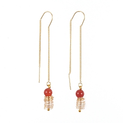 Carnelian Stud Earrings, Ear Thread, with Natural Carnelian, Natural Cultured Freshwater Pearl and Brass Findings, 71mm, Pin: 0.8mm