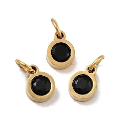 Черный Вакуумное покрытие pvd 304 подвески из нержавеющей стали, с фианитом и кольцами для прыжков, одиночные каменные прелести, плоско-круглые, золотые, чёрные, 7.5x5.5x2.5 мм, отверстие : 3.6 мм