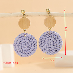 Плоский Круглый Серьги-гвоздики с подвесками из полимерной глины, сплава и дерева., золотые, сирень, плоско-круглые, 60x30 мм