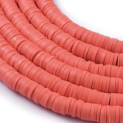 Light Coral Flat Round Eco-Friendly Handmade Polymer Clay Beads, Disc Heishi Beads for Hawaiian Earring Bracelet Necklace Jewelry Making, Light Coral, 6x1mm, Hole: 2mm, about 353~378pcs/strand, 17.7 inch