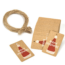 Hat 100Pcs Rectangle Christmas Kraft Paper Gift Tags, with Jute Ropes, BurlyWood, Hat, 5x3cm