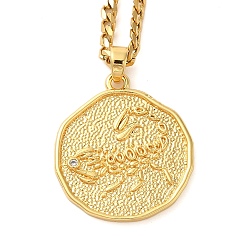 Скорпион Латунная прозрачная кубическая циркония панцирная цепочка созвездие кулон медаль ожерелья для женщин, реальный 18 k позолоченный, Скорпион, 17.52~17.72 дюйм (44.5~45 см), Кулон : 23.5x21.5x2 мм