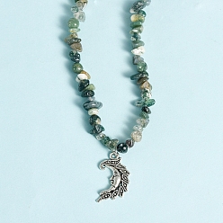 Moss Agate Natural Moss Agate  Necklaces, with Alloy Charms, Moon Face, 14.57 inch(37cm)