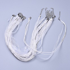 White Jewelry Making Necklace Cord, Organza Ribbon & Waxed Cotton Cord & Platinum Color Iron Clasp, White, 430x6mm