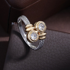 Платиновый & Золотой Плоские круглые латунные кольца с микропаве из прозрачных кубических цирконий для женщин, платиной и золотом, размер США 8 (18.1 мм)