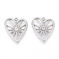 Нержавеющая Сталь Цвет 304 подвески из нержавеющей стали, со стразами, сердце, цвет нержавеющей стали, 18x15.5x2.5 мм, отверстие : 1.5 мм