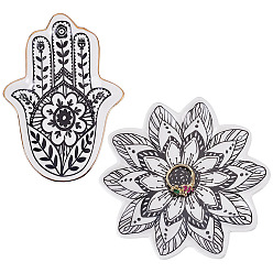 Black 2Pcs 2 Styles Floral Hamsa Hand Flower Porcelain Trinket Dishes, Jewelry Plates, Storage Trays for Rings, Necklaces, Earrings, Black, 11.3~12x8.5~11.8x1.3~1.85cm, 1pc/style