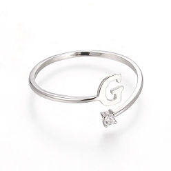 Letter G Кольца-манжеты из стерлингового серебра с родиевым покрытием, устойчивые к потускнению, открытые кольца, с кубического циркония, платина, прозрачные, letter.g, буква g: около 925 мм, Размер 5x4.5x0.7, 7 мм