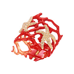 Red Ocean Alloy Enamel Starfish Hinged Cuff Bangles for Women, with Plastic Pearl, Golden, Red, Inner Diameter: 2.36 inch(6cm)