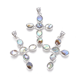 Раковина Подвески из натурального ушка / ракушки, с латунной фурнитурой , крестик, платина, 47~47.5x33.5x2.5~3.5 мм, отверстие : 3~3.5x7.5~8 мм