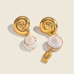 Настоящее золото 18K 304 из нержавеющей стали серьги, форма ракушки с рыбой, реальный 18 k позолоченный, 56x24 мм