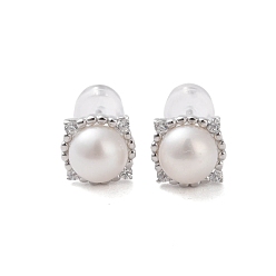 Platinum Anti-Tarnish 925 Sterling Silver Studs Earring, with Cubic Zirconia and Natural Pearl, Square, Platinum, 8x10mm