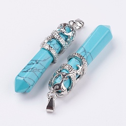 Synthetic Turquoise Synthetic Turquoise Big Pointed Pendants, with Alloy Findings, Faceted, Bullet, Platinum, 59~63x11~12mm, Hole: 4x7mm