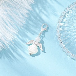 Серебро Подвески из искусственного жемчуга и сплава ангелов, Сплав с застежками когтя омара, серебряные, 37 мм, Кулон : 25x20x6 мм