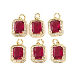 Красный Латунь стекло амулеты, с микропейвом из прозрачного кубического циркония и прыжковым кольцом, прямоугольные, реальный 18 k позолоченный, красные, 14.5x10.5x5 мм, отверстие : 3.4 мм