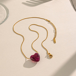 Deep Pink Resin Heart Pendant 304 Stainless Steel Round Snake Chain Necklaces for Women, Golden, Deep Pink, 15.94 inch(40.5cm)