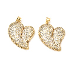 Настоящее золото 18K Латунные микропаве прозрачные подвески с фианитом, сердце прелести, стойки покрытие, долговечный, без свинца и без кадмия, реальный 18 k позолоченный, 30x25.5x5.5 мм, отверстие : 3.7x4.8 мм