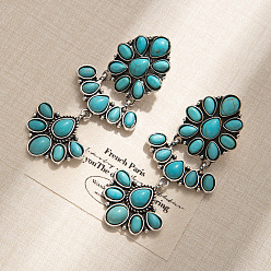 Цветок Серьги-гвоздики в стиле бохо из сплава и синтетической бирюзы, античное серебро, цветок, 68x31 мм