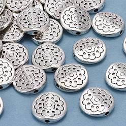 Античное Серебро Сплавочные овальные бусины тибетского стиля , плоские круглые с цветком, без свинца и без кадмия, античное серебро, 11x3 мм, отверстие : 1.5 мм