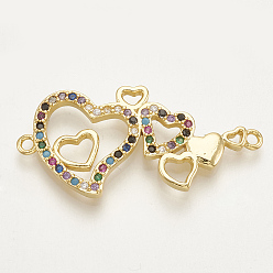 Golden Brass Micro Pave Cubic Zirconia Links, Heart To Heart, Colorful, Golden, 15.5x33x2.5mm, Hole: 1.5mm