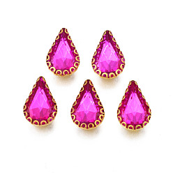 Fuchsia Sew on Rhinestone, Transparent Glass Rhinestones, with Iron Prong Settings, Faceted, Teardrop, Fuchsia, 13.5x8.5x5mm, Hole: 0.9mm