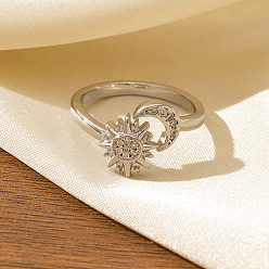 Серебро Браслет-манжета из латуни с микропаве и прозрачными кубическими циркониями для пары., луна с солнцем, серебряные, размер США 4 1/4 (15~20 мм)