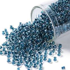 (188) Inside Color Luster Crystal/Capri Blue Lined Toho runde Rocailles, japanische Rocailles, (188) Innenfarbe Glanzkristall / Capri-Blau gefüttert, 8/0, 3 mm, Bohrung: 1 mm, über 222pcs / Flasche, 10 g / Flasche