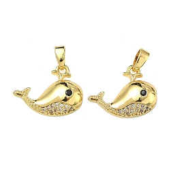 Настоящее золото 18K Латунные микропаве прозрачные подвески с фианитом, подвески в форме кита, стойки покрытие, долговечный, реальный 18 k позолоченный, 13x17x4.5 мм, отверстие : 4.5x2 мм
