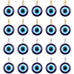 Golden & Stainless Steel Color Handmade Evil Eye Lampwork Pendants, with 304 Stainless Steel Serrated Edge Bezel Cups, Half Round, Golden & Stainless Steel Color, 31x26x7mm, Hole: 7x3mm, 2 colors, 10pcs/color, 20pcs/box