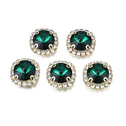 Emerald Sew on Rhinestone, Transparent Glass Rhinestone, with Brass Prong Settings, Faceted, Square, Emerald, 17x17x8mm, Hole: 1mm