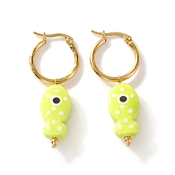 Verde de Amarillo 304 pendientes de aro de acero inoxidable para mujer, pescado, pendientes colgantes de porcelana hechos a mano, dorado, amarillo verdoso, 19x11 mm