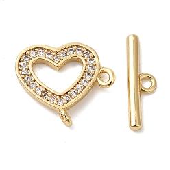 Настоящее золото 18K Латунные застежки-молнии из прозрачного кубического циркония, без кадмия, без никеля и без свинца, сердце, реальный 18 k позолоченный, 19 мм, Кольцо: 11.5x13x1 mm, отверстие : 0.9 мм, бар: 13x4x2 mm, отверстие : 0.9 мм