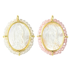 (52) Непрозрачная лаванда 2 шт. 2 цвета, подвески с покрытием из латуни, микропаве из кубических цирконий и ракушек, долговечный, без кадмия и без свинца, реальный 18 k позолоченный, овал с подвесками в виде Девы Марии, разноцветные, 30x22.5x4 мм, отверстие : 1.5 мм, 1 шт / цвет
