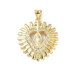 Настоящее золото 16K Латунные микропаве прозрачные подвески с фианитом, сердце с подвесками Девы Марии, реальный 16 k позолоченный, 26x22.5x3.5 мм, отверстие : 4.5x3.5 мм