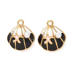 Черный 304 Подвески из нержавеющей стали с эмалью и имитацией жемчуга из АБС-пластика, подвески в форме ракушек, ионное покрытие (ip), реальный 18 k позолоченный, чёрные, 18.5x17x11 мм, отверстие : 1.8 мм