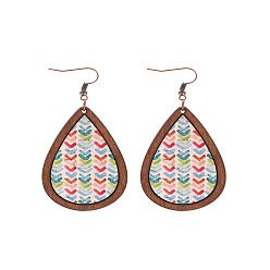Разноцветный Деревянные болтаться серьги, Красная медь, слезинка с узором, Красная медь, красочный, 80x36 мм