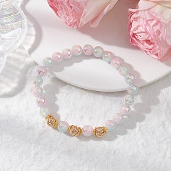 Pink Гальванизированные стеклянные браслеты-растяжки, с латунной бисера, круглые, розовые, внутренний диаметр: 2-1/8 дюйм (5.5 см)