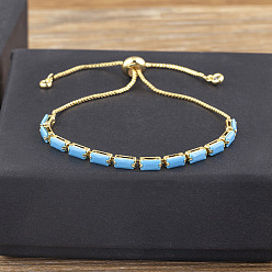 Светло-Голубой Латунь микро проложить кубический цирконий слайдер браслеты, прямоугольные звенья цепи браслеты для женщин, реальный 18 k позолоченный, Небесно-голубой, 7-7/8 дюйм (20 см)