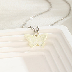 Floral Blanca Mariposa acrílica 201 Collares de cadena de cable de acero inoxidable para mujer, el color plateado de plata, blanco floral, 15.75 pulgada (40 cm)