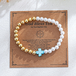 Небесно-голубой Эластичные браслеты из искусственного жемчуга и латунных круглых бусин, крестик из натуральных ракушек для женщин, с бумажной коробкой, голубой, внутренний диаметр: 6-7/8 дюйм (17.5 см)