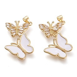 Белый Латунные микро проложить кубического циркония подвески, с эмалью, реальный 18 k позолоченный, двойная бабочка, белые, 29x30x3 мм, отверстие : 3.5x5 мм