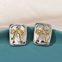 Нержавеющая Сталь Цвет Двухцветные 304 серьги-гвоздики из нержавеющей стали, прямоугольник и бант, ионное покрытие (ip), долговечный, цвет нержавеющей стали, 20x15.5 мм